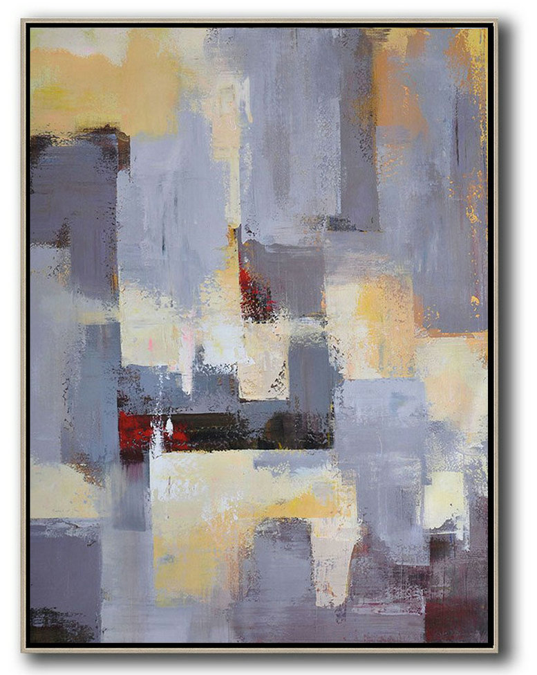 Acrylic Painting Wall Art,Vertical Palette Knife Contemporary Art,Living Room Wall Art,Grey,Yellow,Red.etc